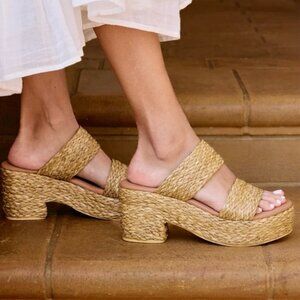 Natural Braided Raffia Platform Sandal SZ 7.5 Comfy Chunky Beach Boho 70's Retro